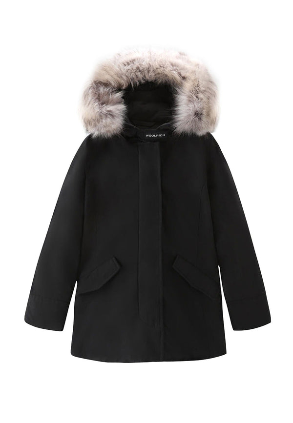 ViaMonte Shop | Woolrich kids giubbino Arctic Raccoon Parka nero bambina in tessuto Ramar Cloth