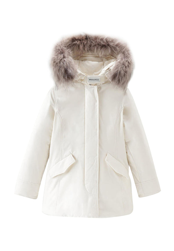 ViaMonte Shop | Woolrich kids giubbino Arctic Raccoon Parka bianco bambina in tessuto Ramar Cloth