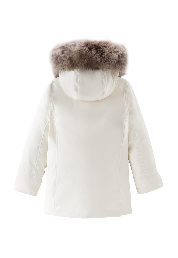 ViaMonte Shop | Woolrich kids giubbino Arctic Raccoon Parka bianco bambina in tessuto Ramar Cloth