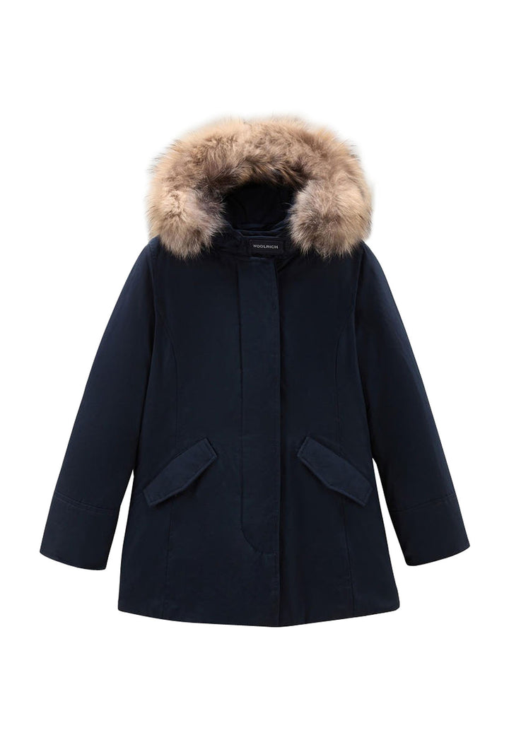 ViaMonte Shop | Woolrich kids giubbino Luxury Arctic Raccoon Parka blu bambina in tessuto Urban Touch