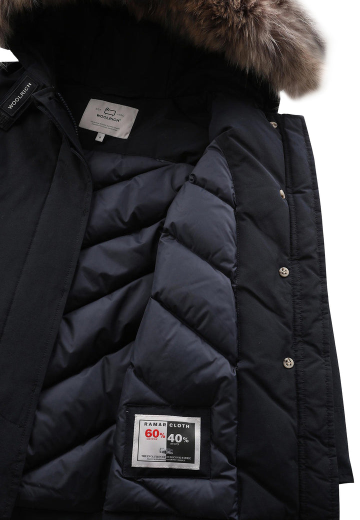 ViaMonte Shop | Woolrich kids giubbino Luxury Arctic Raccoon Parka blu bambina in tessuto Urban Touch