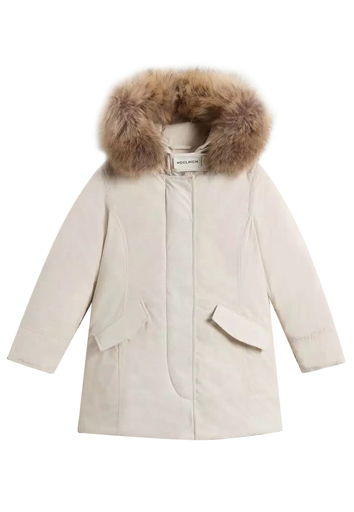 ViaMonte Shop | Woolrich kids giubbino Luxury Arctic Raccoon Parka beige bambina in tessuto Urban Touch