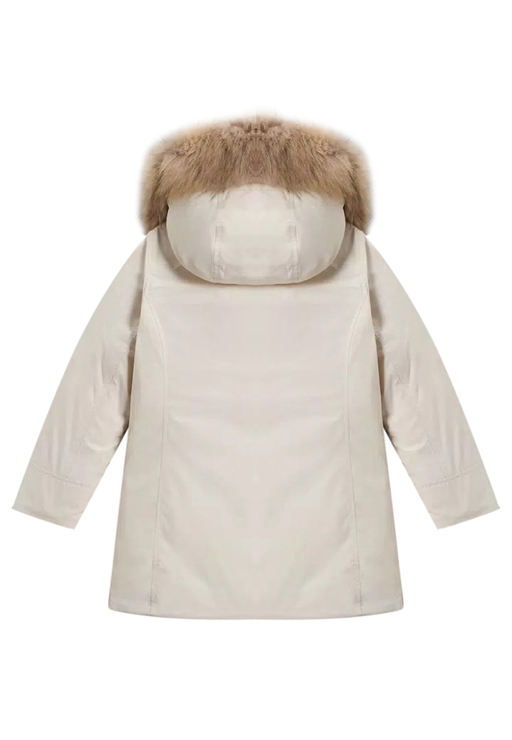 ViaMonte Shop | Woolrich kids giubbino Luxury Arctic Raccoon Parka beige bambina in tessuto Urban Touch