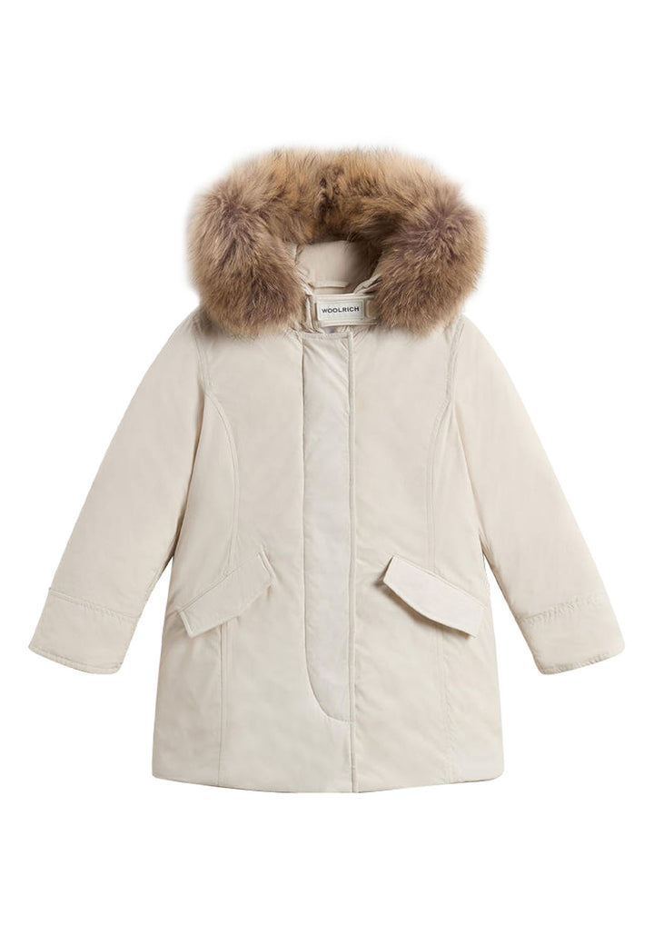 ViaMonte Shop | Woolrich kids giubbino Luxury Arctic Raccoon Parka panna bambina in tessuto Urban Touch