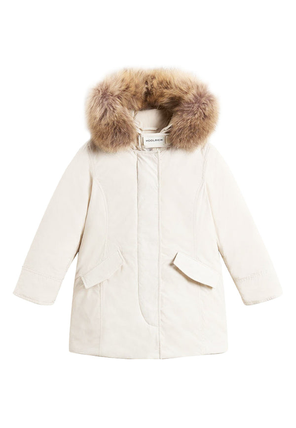 ViaMonte Shop | Woolrich kids giubbino Luxury Arctic Raccoon Parka panna bambina in tessuto Urban Touch