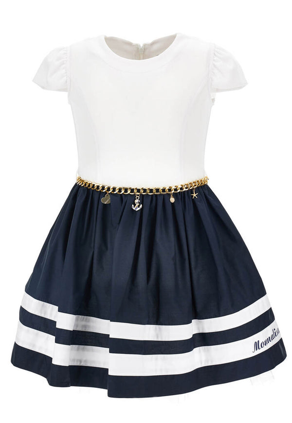 Monnalisa white and blue girl dress in cotton popelines